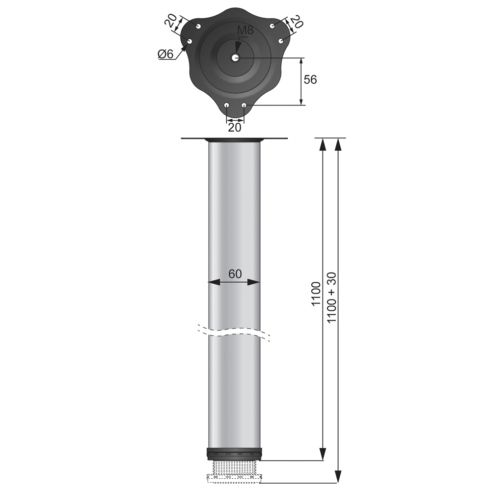 Pata de mueble ajustable de 1100 mm - Placa de montaje de acero - Cromo