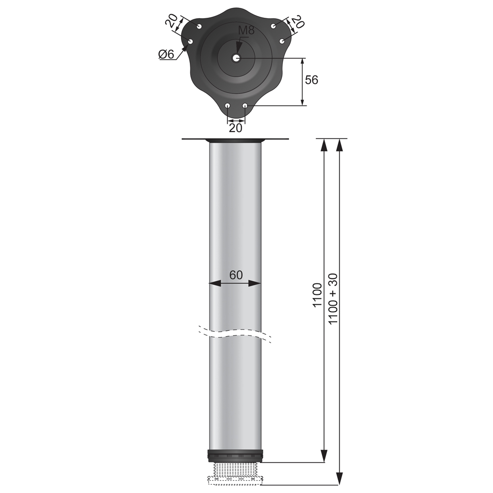 Pata de mueble ajustable de 1100 mm - Placa de montaje de acero - Negro