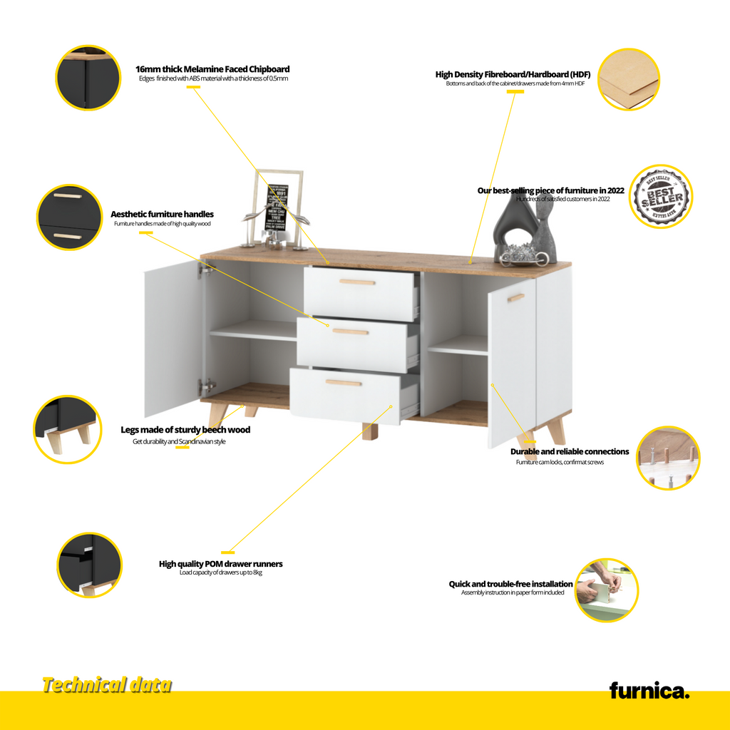 INGRID - Cómoda escandinava - 3 cajones, 2 puertas - Blanco Mate / Roble Wotan - A75cm A150cm P45cm