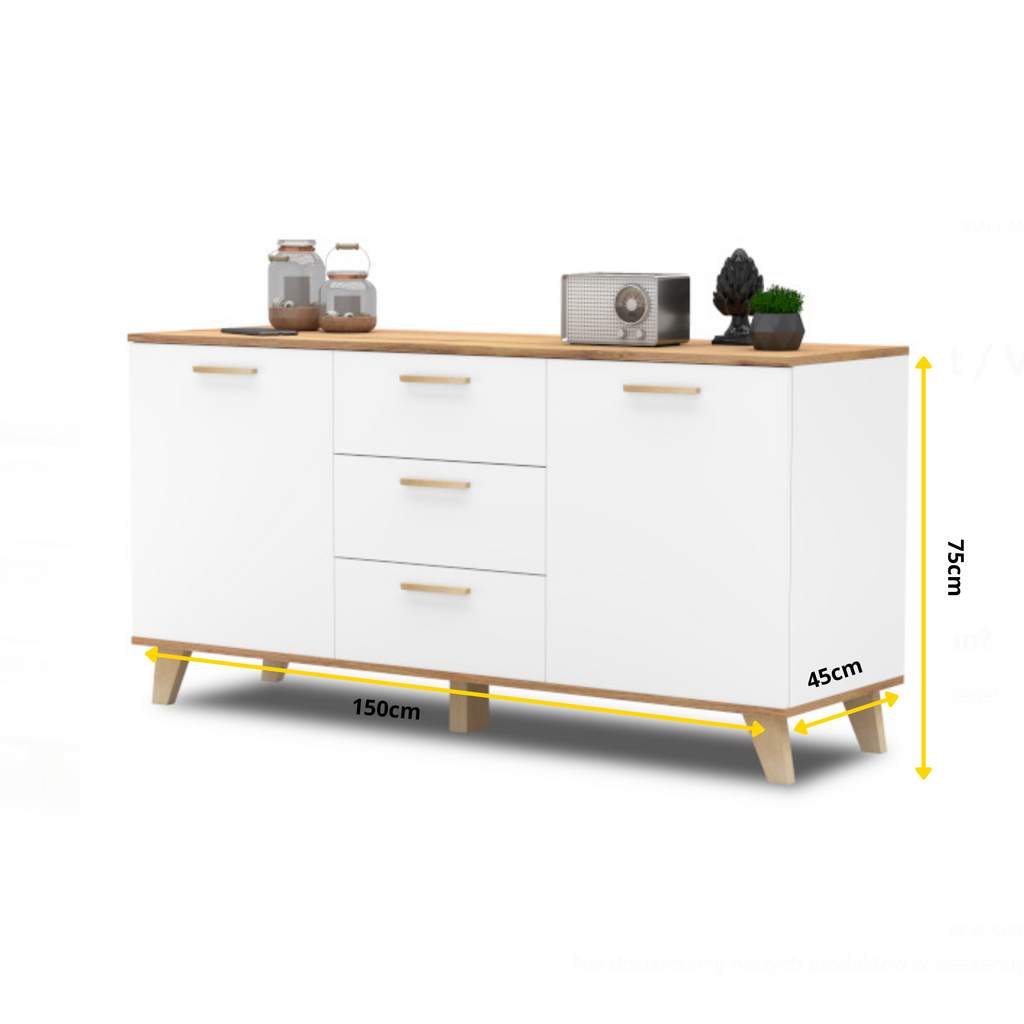 INGRID - Cómoda escandinava - 3 cajones, 2 puertas - Blanco Mate / Roble Wotan - A75cm A150cm P45cm