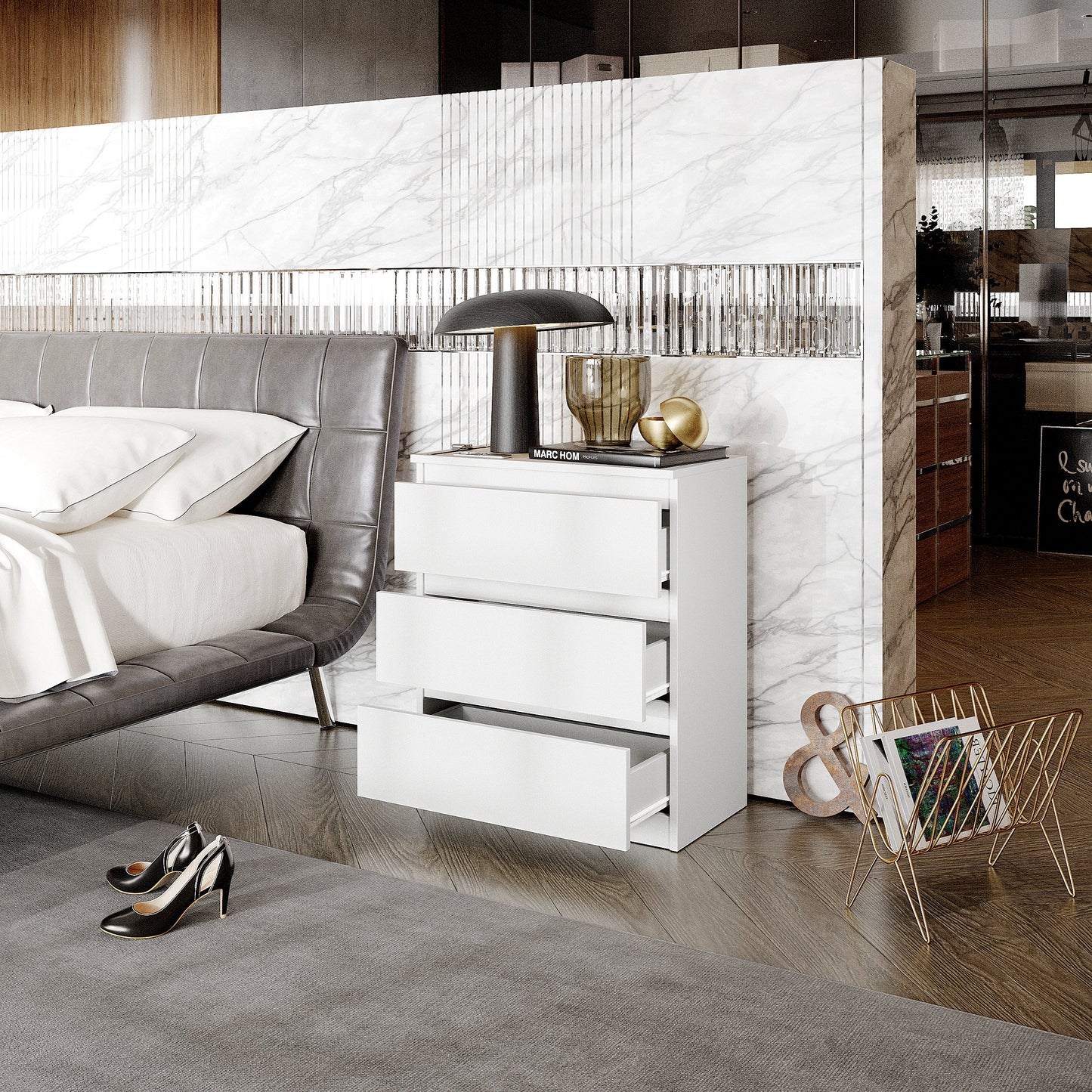 GABRIEL - Cómoda de 3 cajones - Armario de almacenamiento para el dormitorio - Blanco Mate - A72cm A60cm P33cm (3)