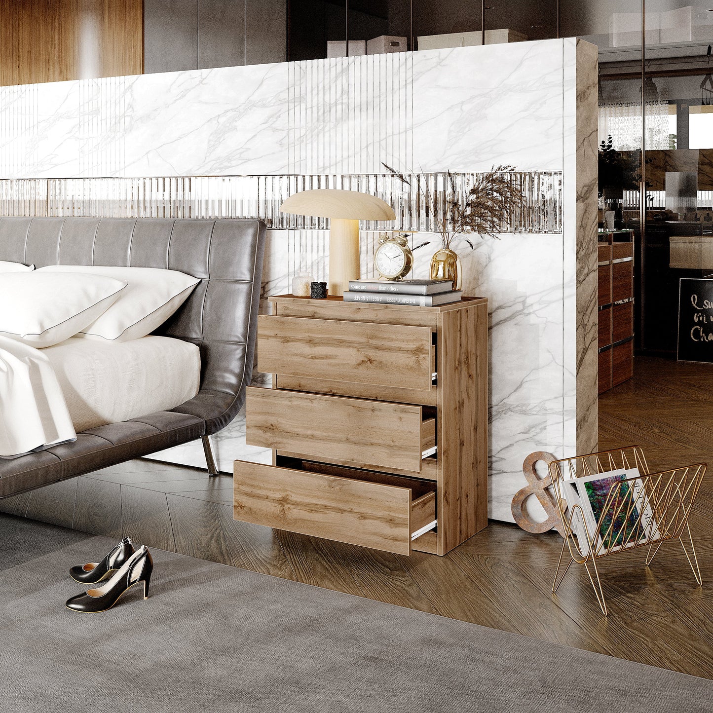 GABRIEL - Cómoda de 3 cajones - Armario de almacenamiento para el dormitorio - Roble Wotan - A72cm A60cm P33cm (3)