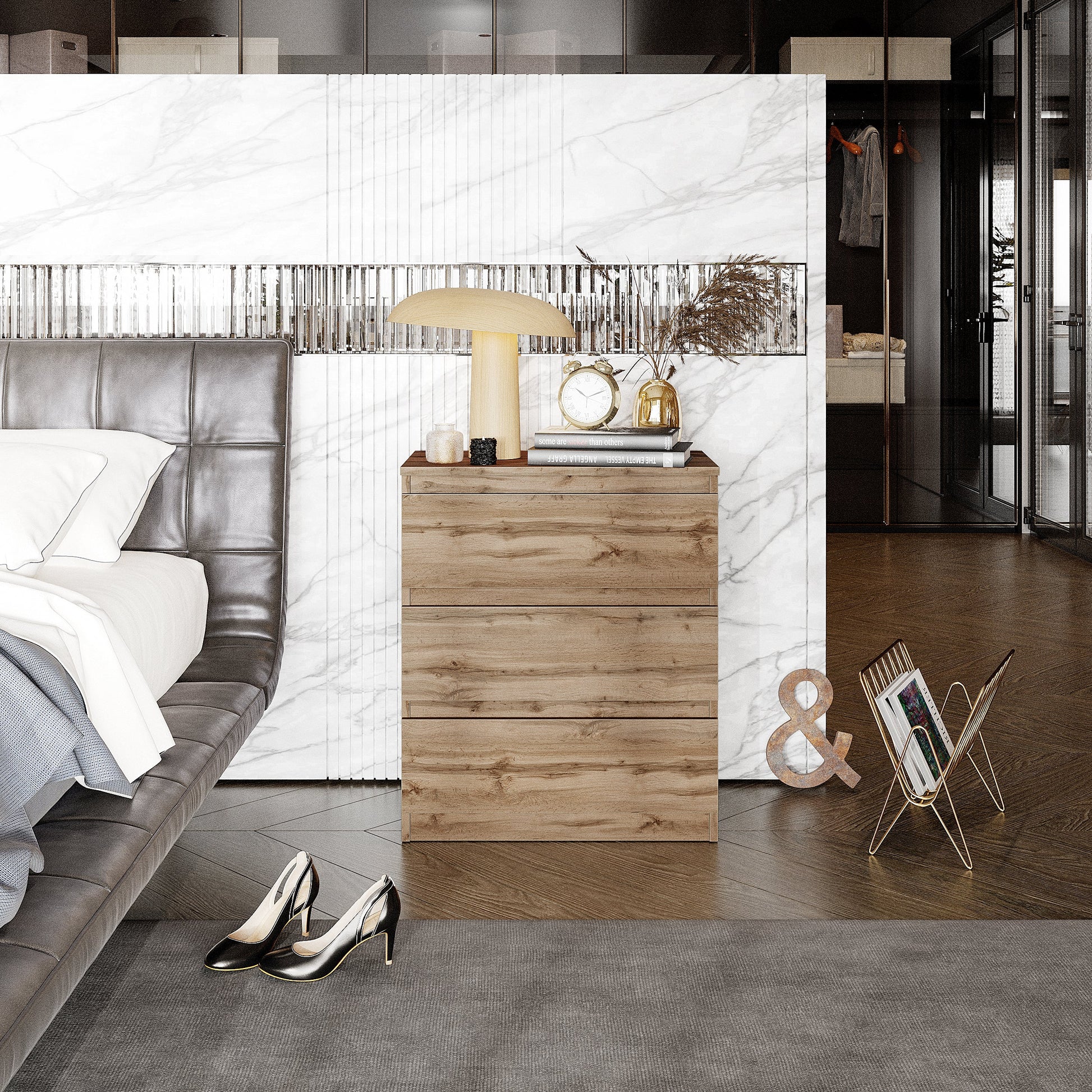 GABRIEL - Cómoda de 3 cajones - Armario de almacenamiento para el dormitorio - Roble Wotan - A72cm A60cm P33cm (4)