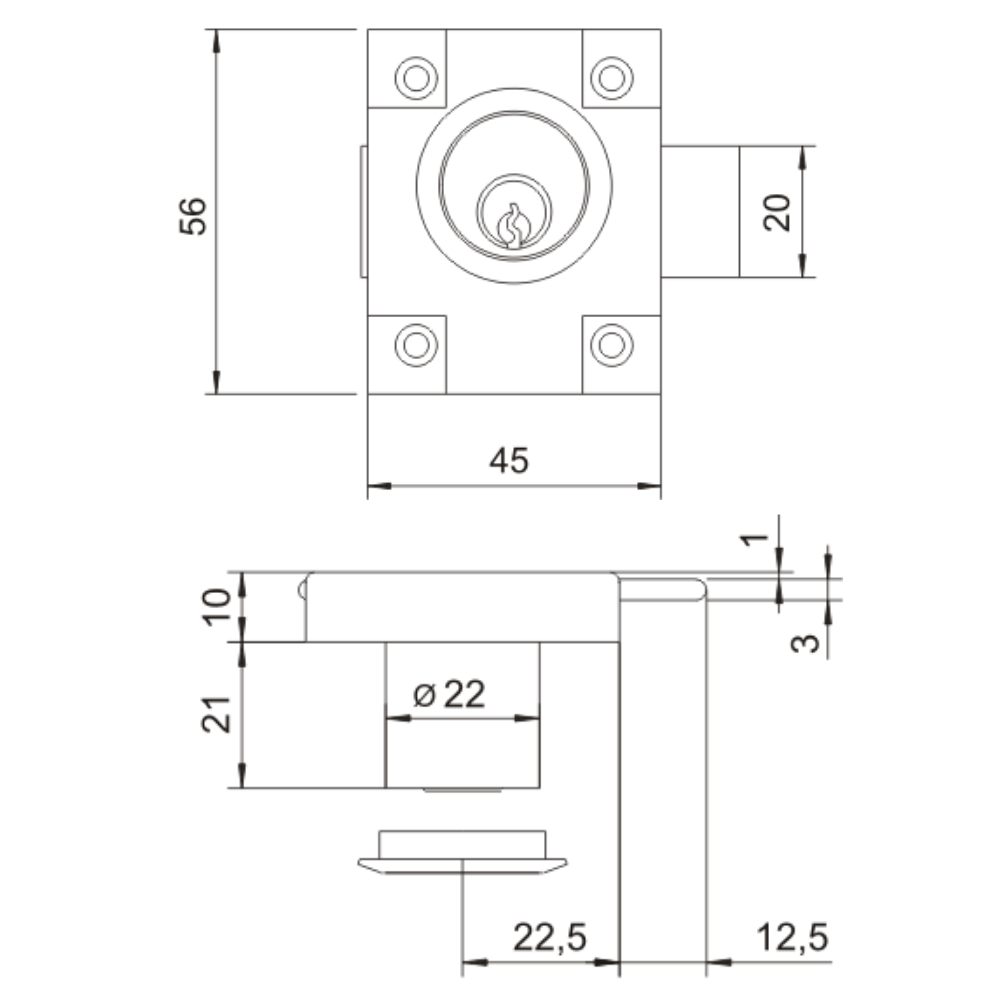 Cerradura para muebles de 22x21mm