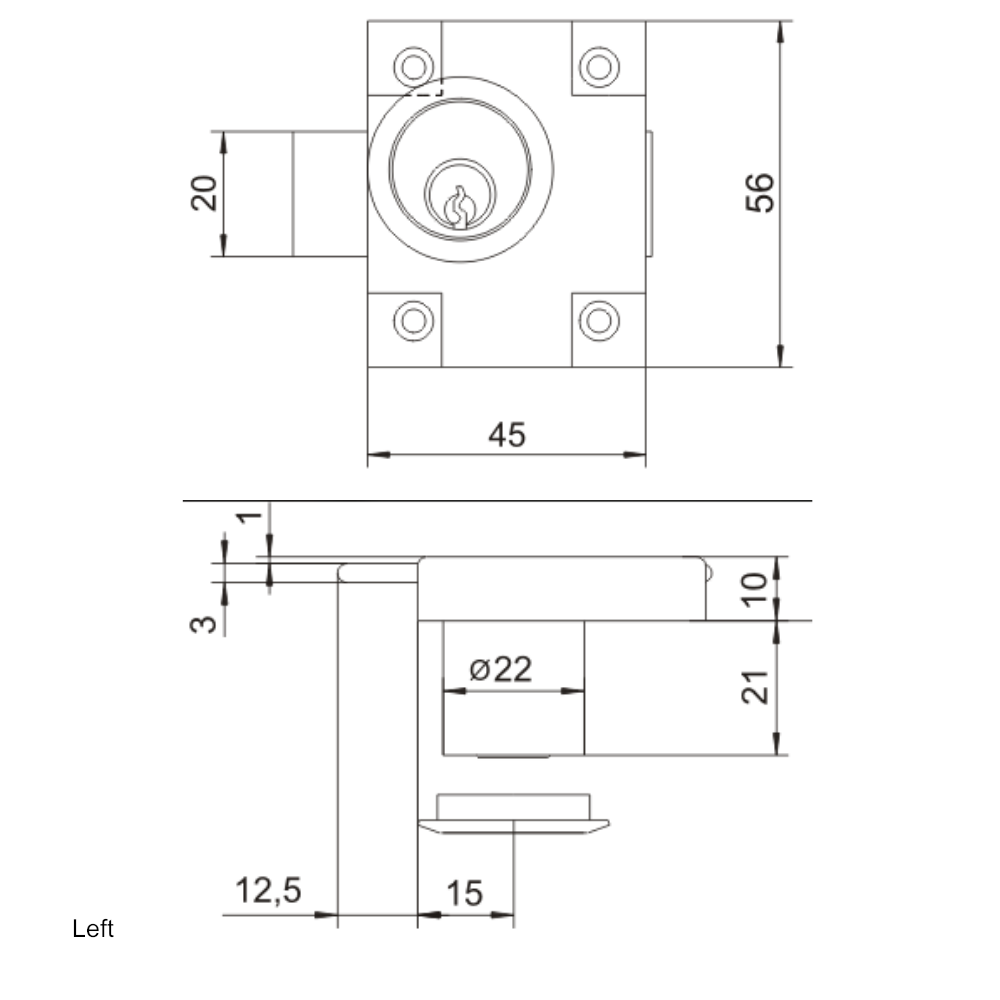 Cerradura de mueble izquierda/derecha de 22x21mm