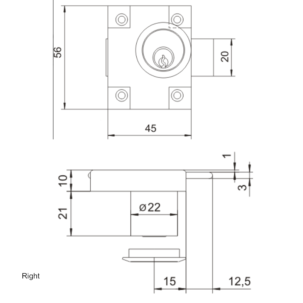 Cerradura de mueble izquierda/derecha de 22x21mm