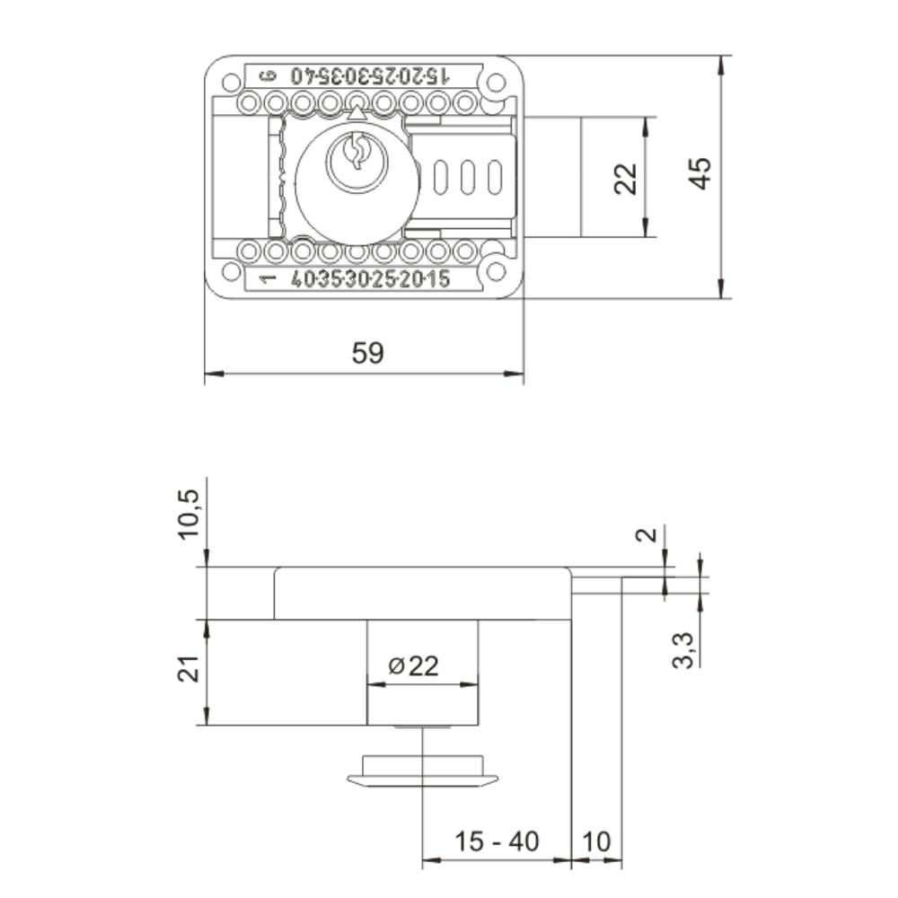 Cerradura de muebles ajustable de 22x21mm