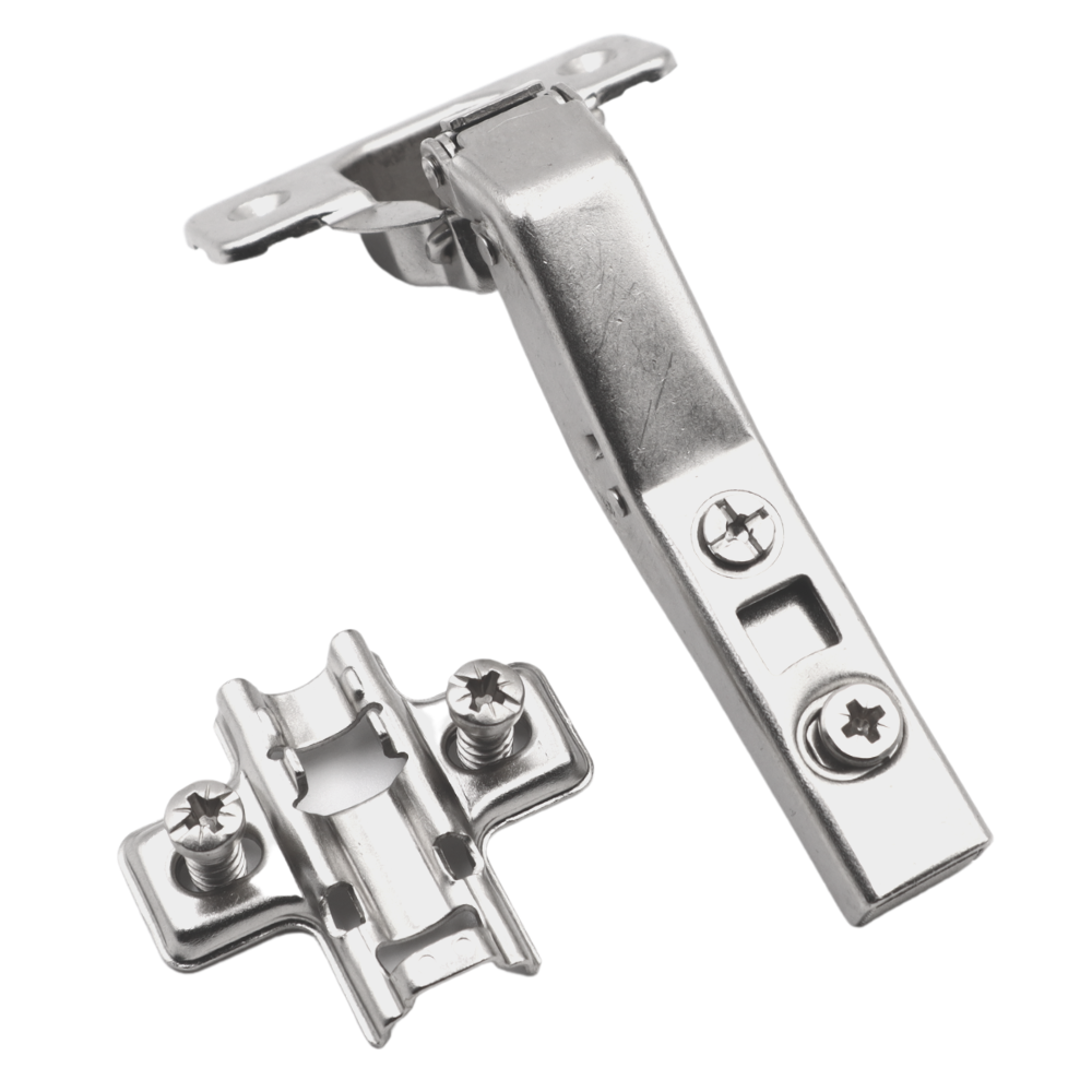 Bisagra de cierre suave a +45º, placa de montaje H2 con tornillos EURO, puertas anguladas (2) – Furnica