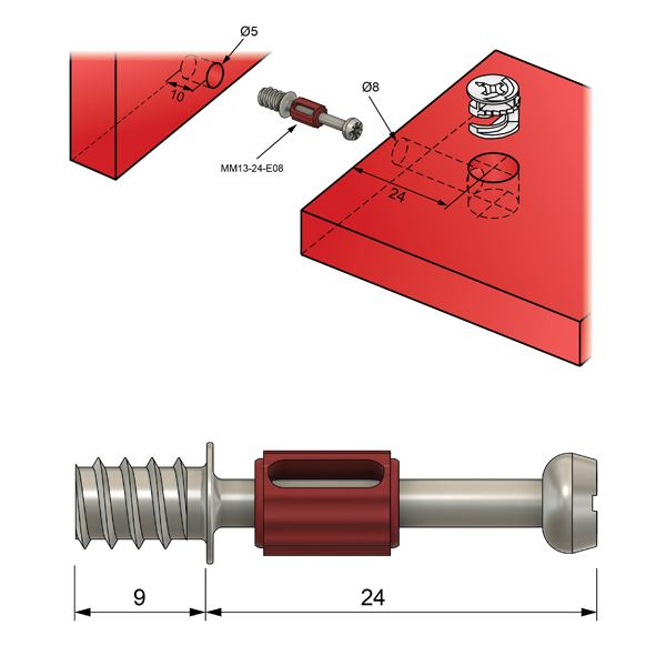 Pasador de leva de 24 mm con rosca de tornillo europeo - 1 pieza