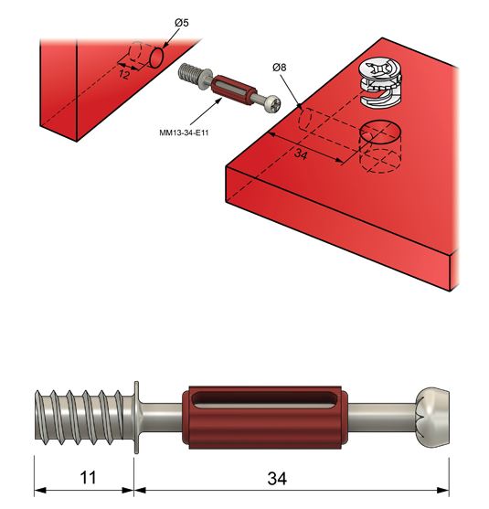 Pasador de leva de 34 mm con rosca de tornillo europeo - 1000 piezas