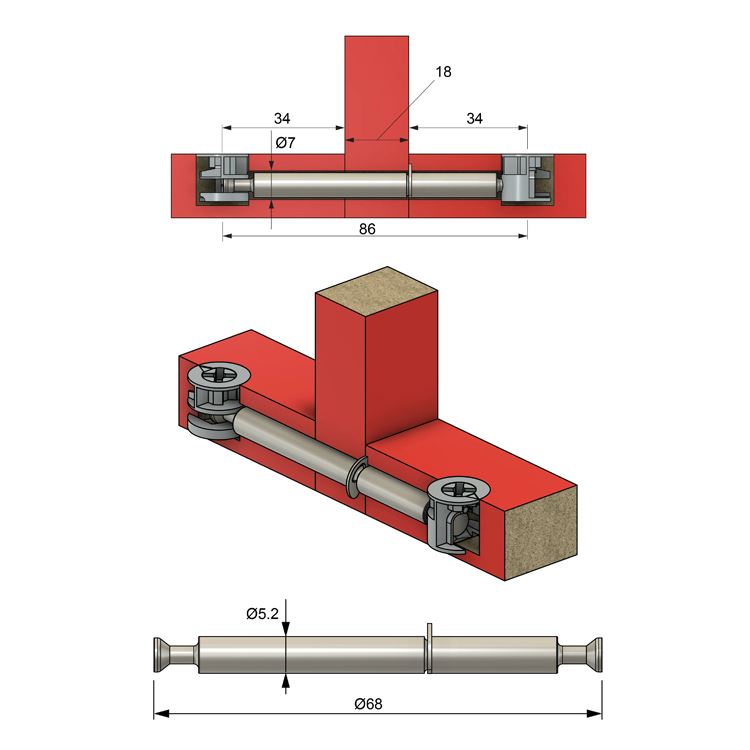 Doble pasador de leva de 34+16+34 mm