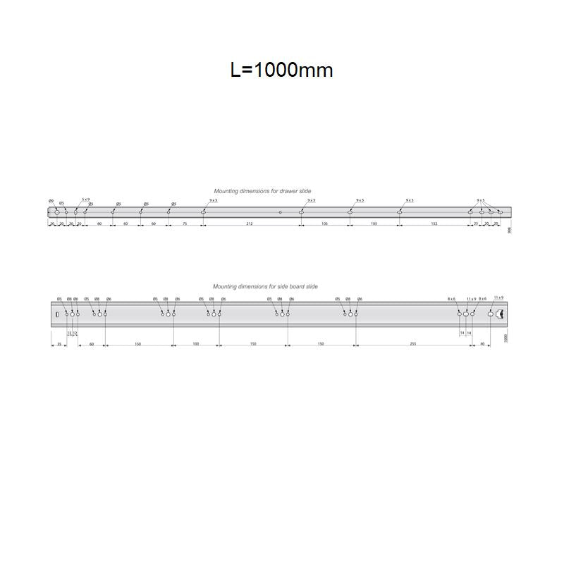 Corredores de cajón con rodamientos de bolas de 1000 mm - H53 (lado derecho e izquierdo)