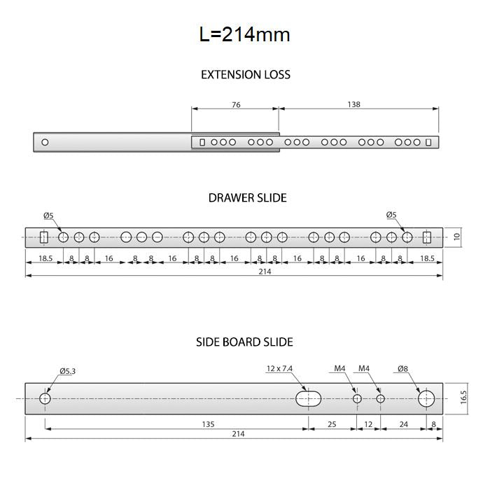 Corredores de cajón con rodamientos de bolas de 214 mm - H17 (lado derecho e izquierdo)