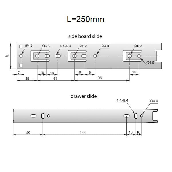 Corredores de cajón de rodamiento de bolas de 250 mm - H45 (lado derecho e izquierdo)