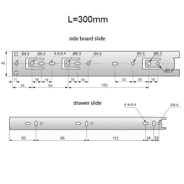 Corredores de cajón con rodamientos de bolas de 300 mm - H45 (lado derecho e izquierdo)