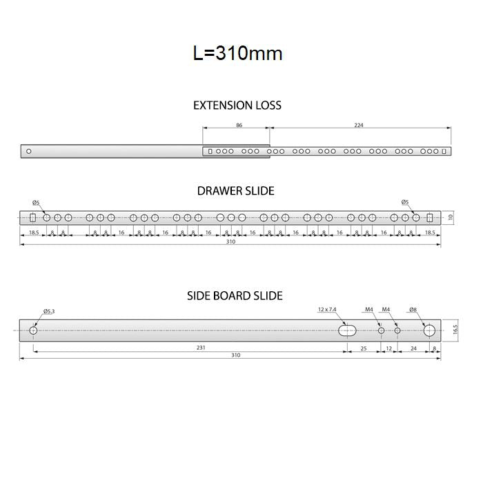 Corredores de cajón con rodamientos de bolas de 310 mm - H17 (lado derecho e izquierdo)