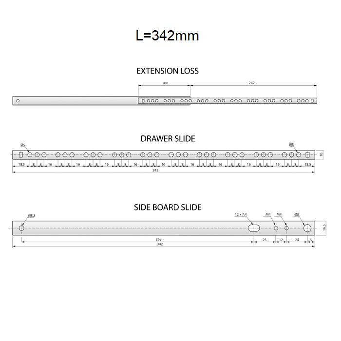 Corredores de cajón con rodamientos de bolas de 342 mm - H17 (lado derecho e izquierdo)