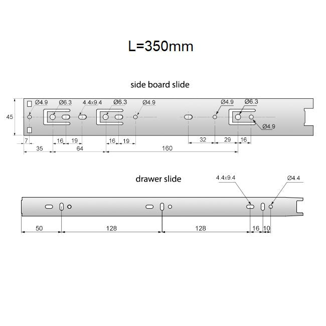 Corredores de cajón con rodamientos de bolas de 350 mm - H45 (lado derecho e izquierdo)