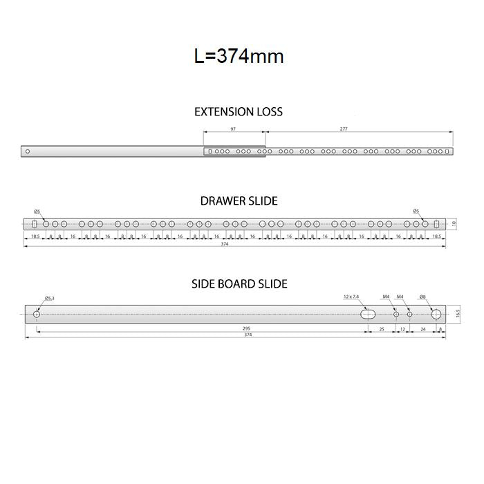 Corredores de cajón con rodamientos de bolas de 374 mm - H17 (lado derecho e izquierdo)