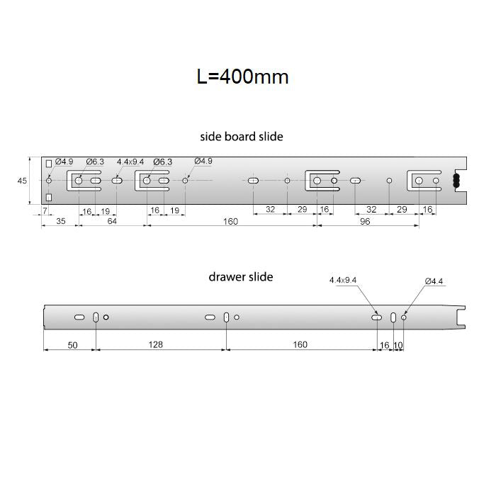 Corredores de cajón con rodamientos de bolas de 400 mm - H45 (lado derecho e izquierdo)