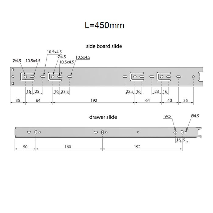 Corredores de cajón con rodamientos de bolas de 450 mm - H45 (lado derecho e izquierdo)