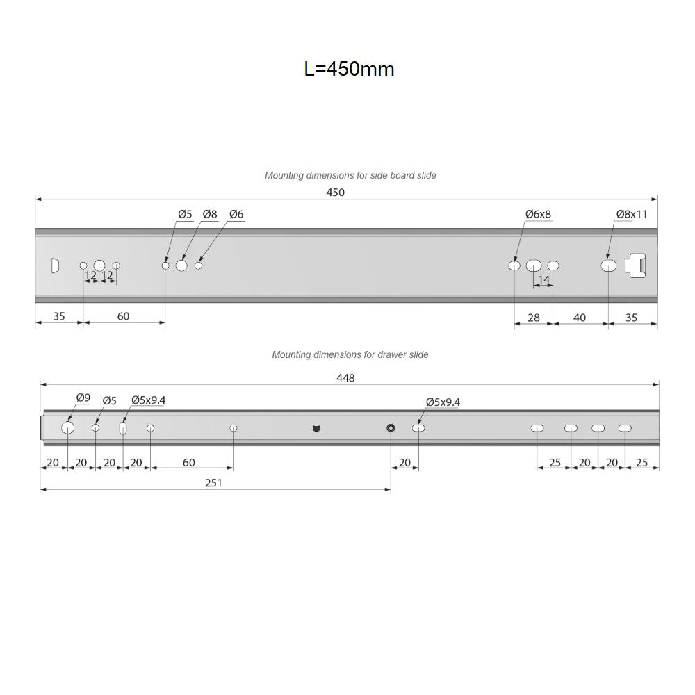 Corredores de cajón con rodamientos de bolas de 450 mm - H53 (lado derecho e izquierdo)
