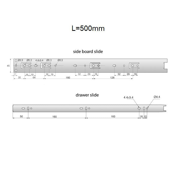 Corredores de cajón con rodamientos de bolas de 500 mm - H45 (lado derecho e izquierdo)