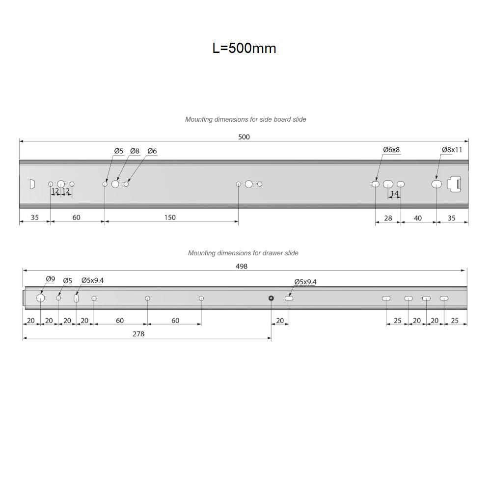 Corredores de cajón con rodamientos de bolas de 500 mm - H53 (lado derecho e izquierdo)