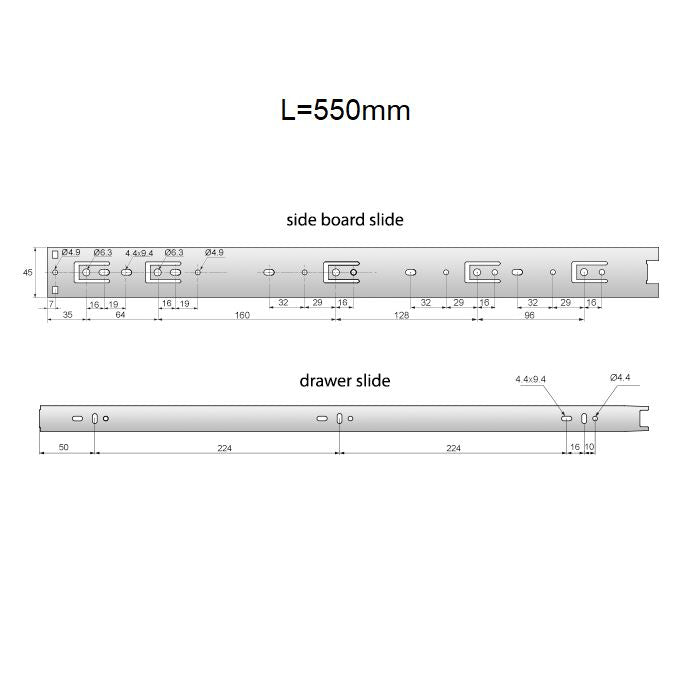 Corredores de cajón con rodamientos de bolas de 550 mm - H45 (lado derecho e izquierdo)