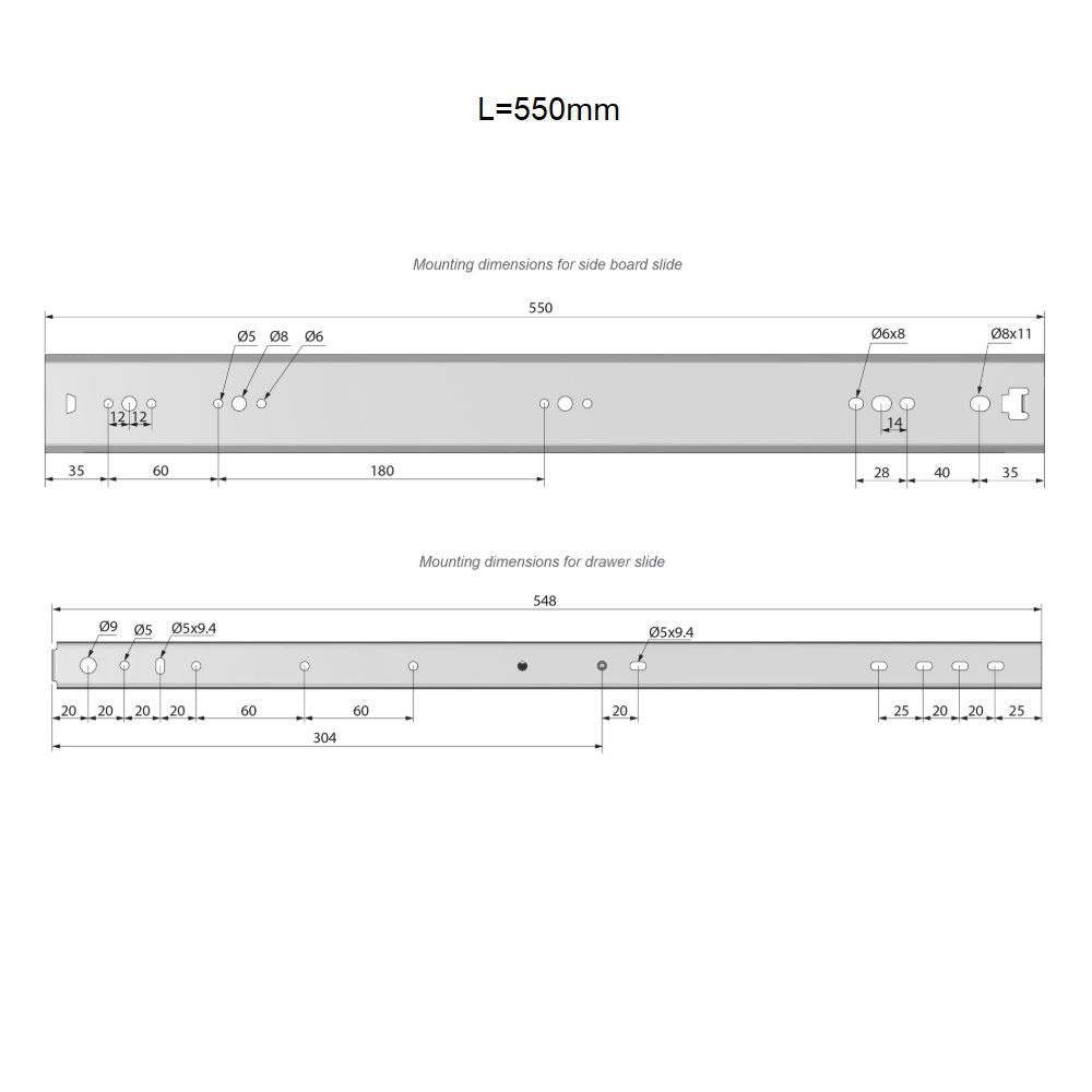 Corredores de cajón con rodamientos de bolas de 550 mm - H53 (lado derecho e izquierdo)