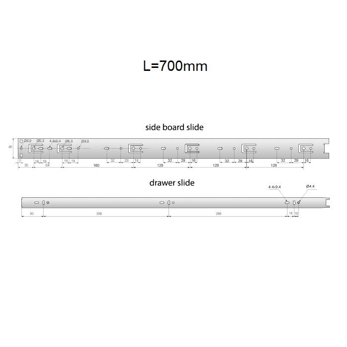 Corredores de cajón con rodamientos de bolas de 700 mm - H45 (lado derecho e izquierdo)