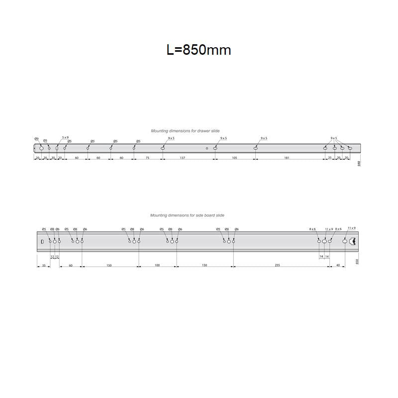 Corredores de cajón con rodamientos de bolas de 850 mm - H53 (lado derecho e izquierdo)