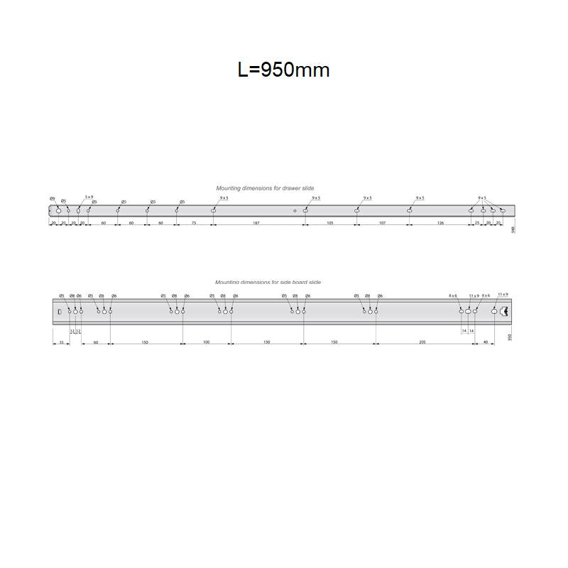 Corredores de cajón con rodamientos de bolas de 950 mm - H53 (lado derecho e izquierdo)