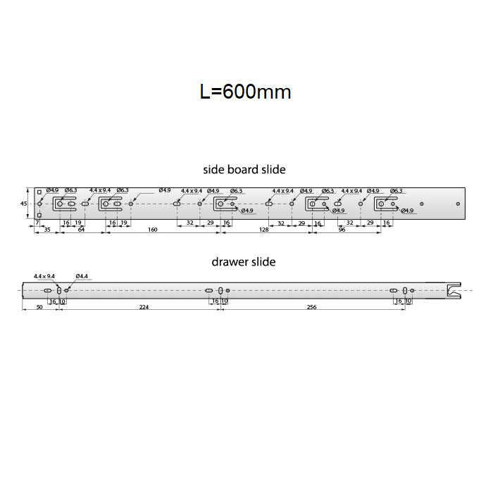 Corredores de cajón de empuje para abrir de 600 mm - H45 (lado derecho e izquierdo)