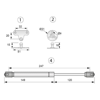Amortiguador de gas de 250 mm - Blanco - 80N (4) – Furnica