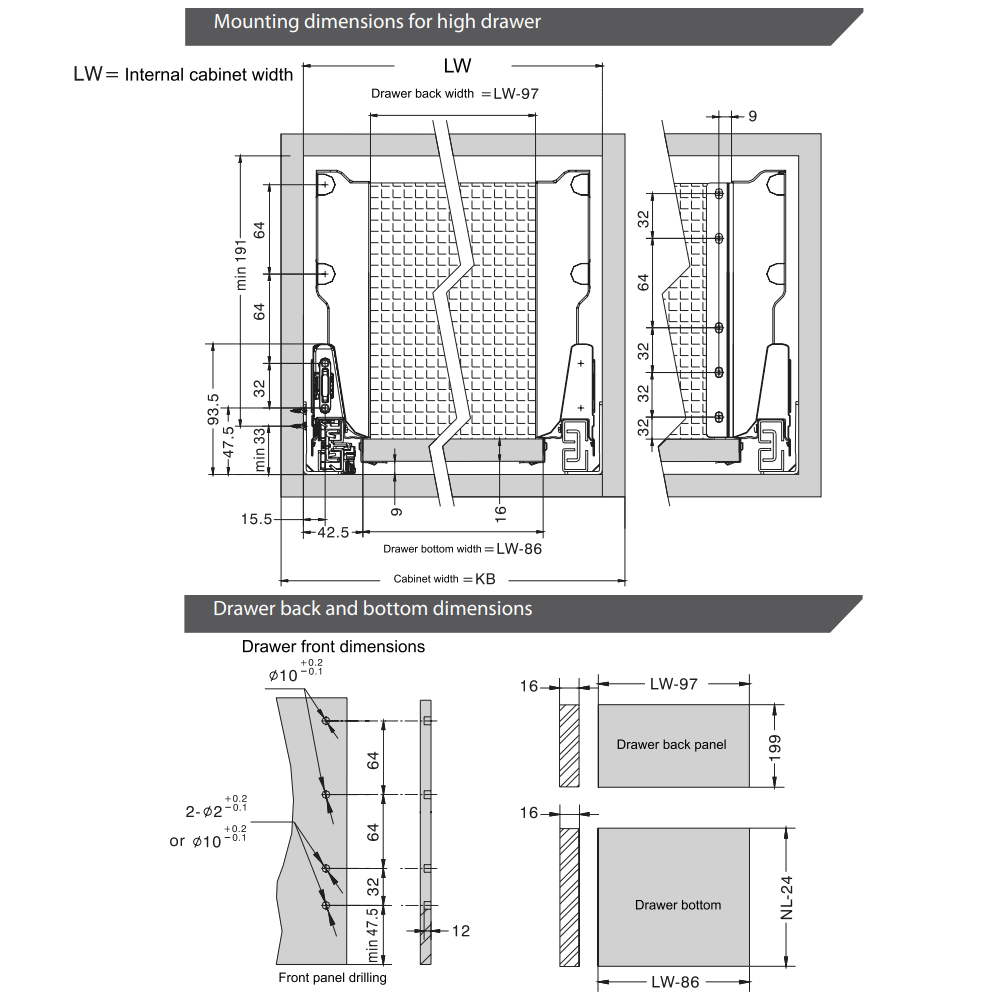 Conjunto de sistema de cierre suave para cajones, ALTO, H: 185mm, Plateado