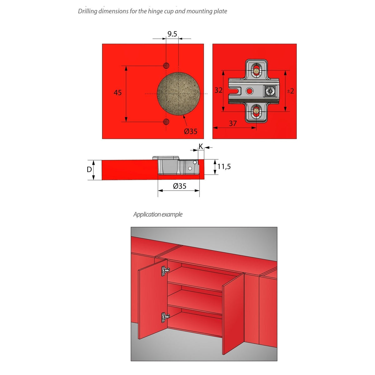 Bisagra, placa de montaje H2 con tornillos EURO, puertas paralelas (4) – Furnica