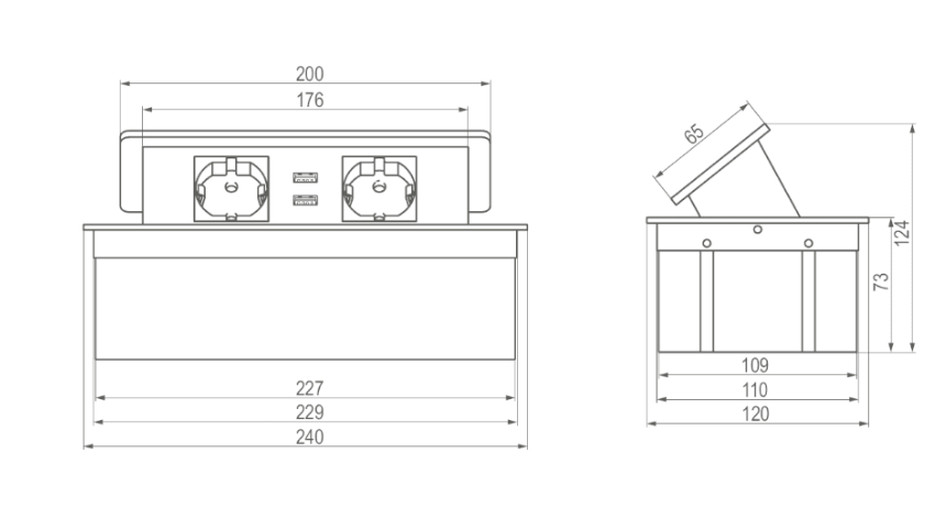 Kwadro - regleta de enchufes empotrable rectangular para escritorio (versión compacta)