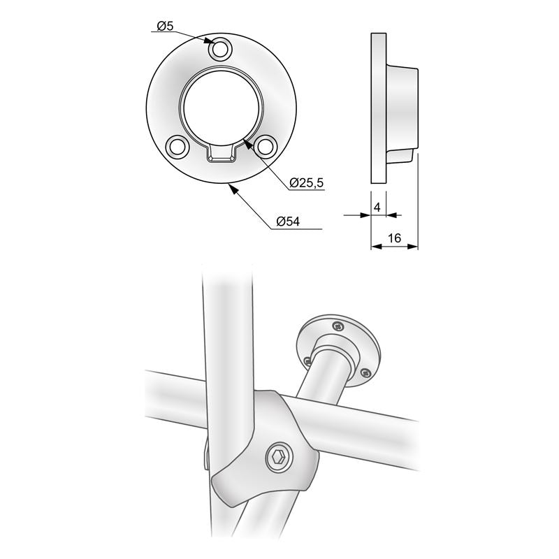 Brida baja para tubo de 25mm, cromada