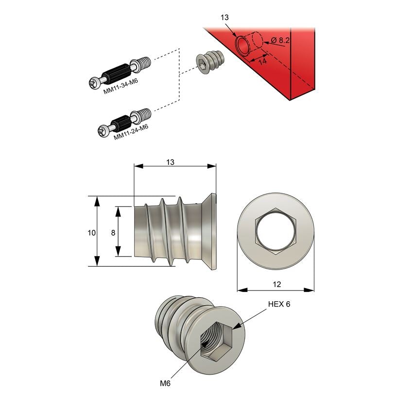 Inserto roscado M6 10x13mm - Zincado - 100 piezas