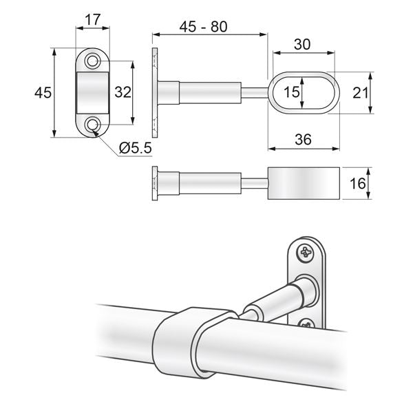 Soporte de distancia de barra ovalada 15x30mm, cromado (2) – Furnica