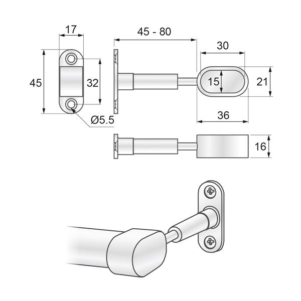 Soporte de extremo de barra ovalado 15x30mm, cromado (2) – Furnica