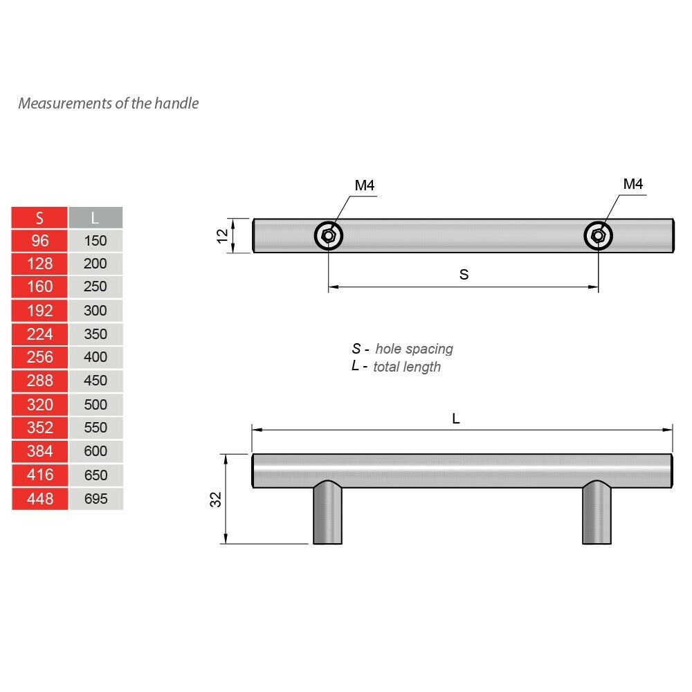 Tirador de muebles en forma de T de 96 mm (longitud total de 150 mm) de acero cepillado/níquel