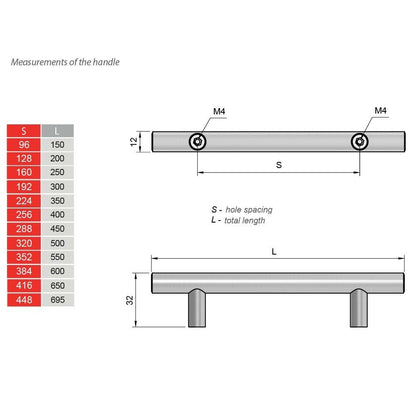 Tirador de muebles en forma de T de 256 mm (longitud total de 400 mm) de acero cepillado/níquel (4) – Furnica