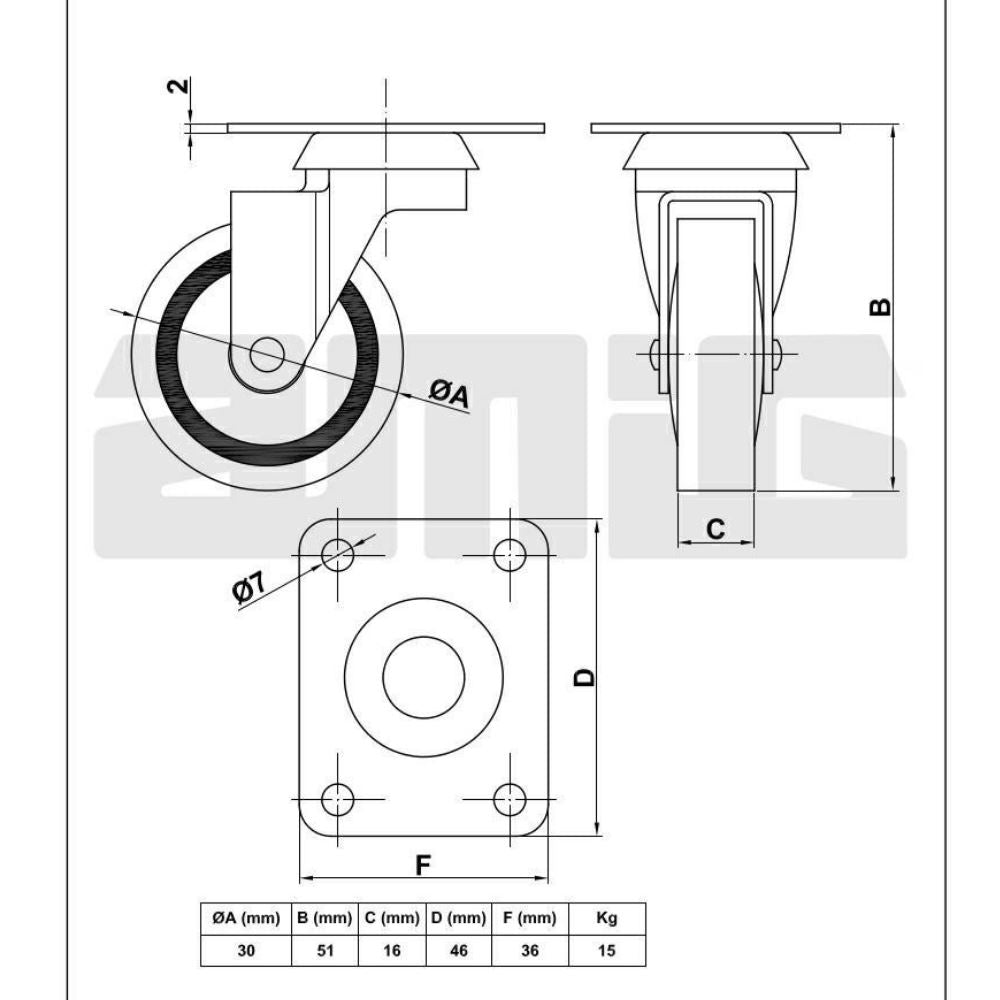 Rueda de goma para muebles Ø30mm (4) – Furnica