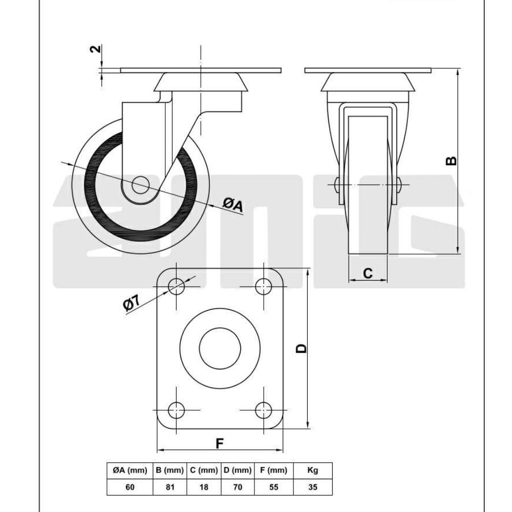 Rueda de goma para silla Ø60mm
