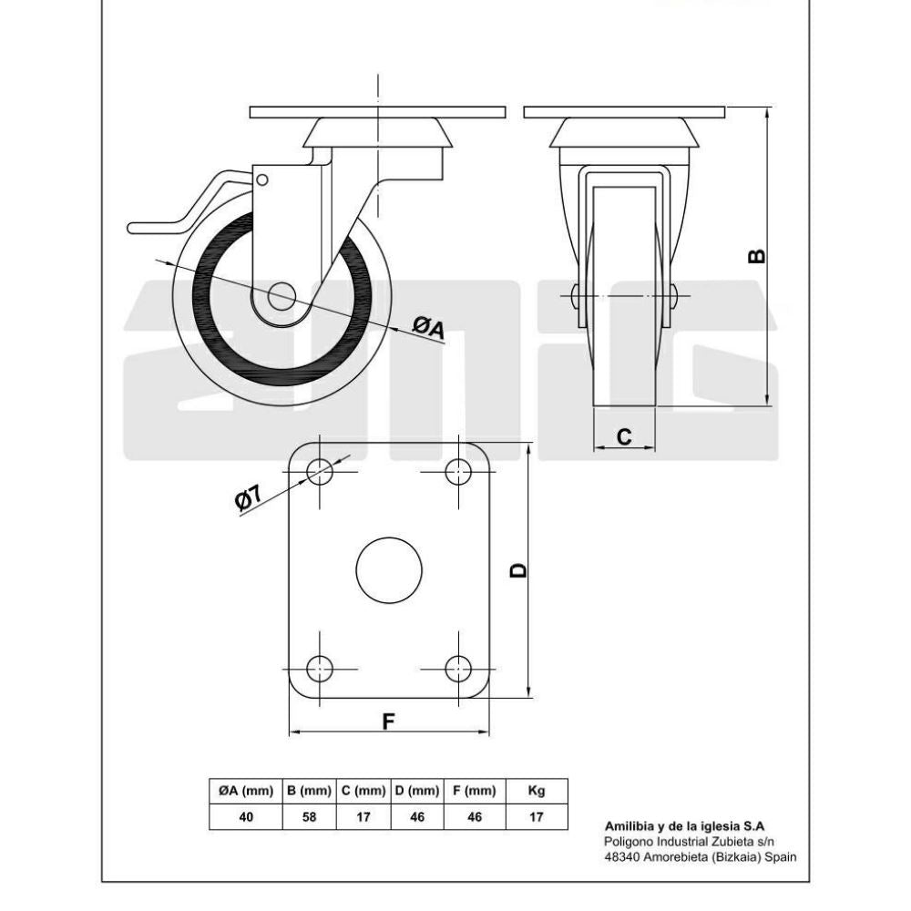 Rueda de goma con freno Ø40mm (4) – Furnica