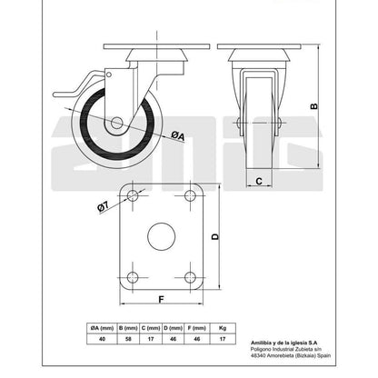 Rueda de goma con freno Ø40mm (4) – Furnica