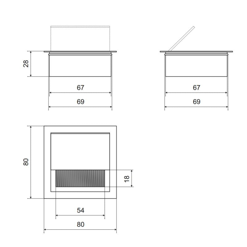 Pasacables cuadrado de aluminio de 80x80mm, plateado (3) – Furnica