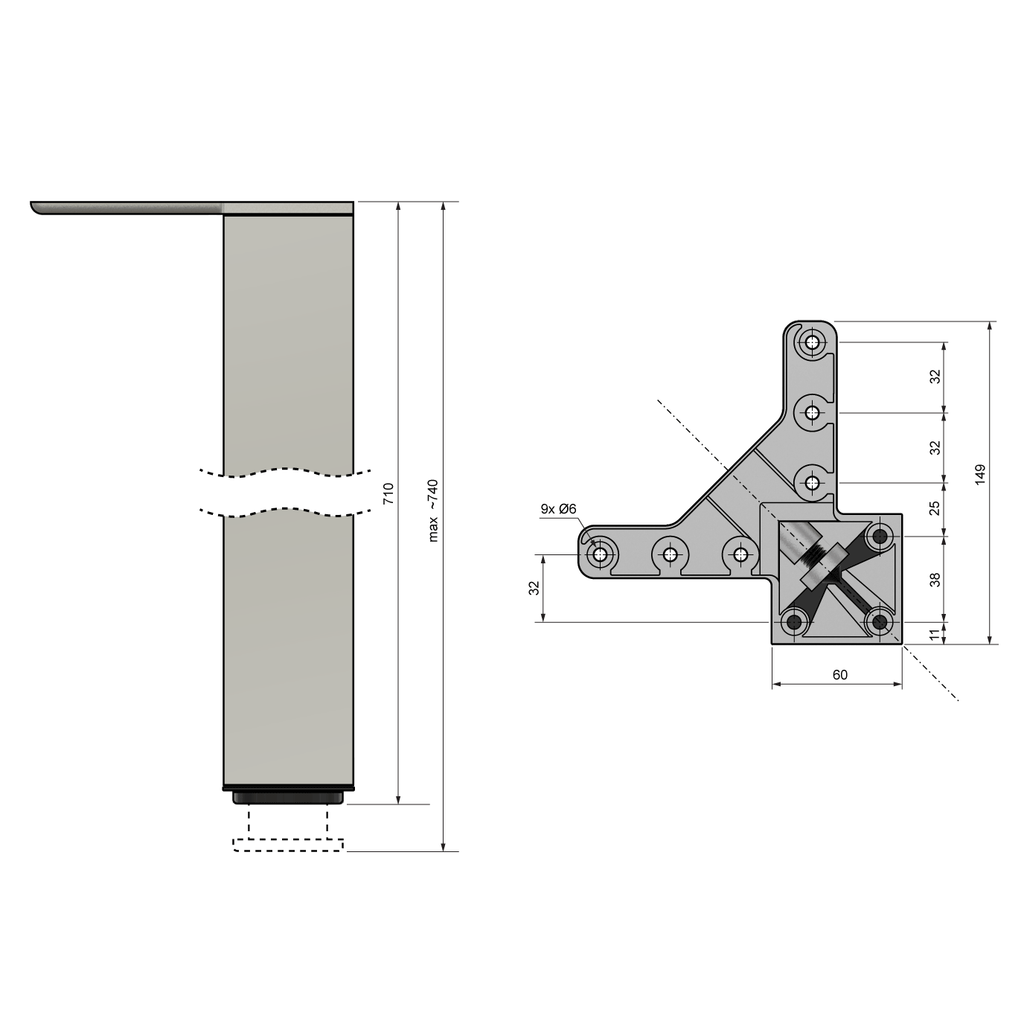 Pata de mueble cuadrada de 710 mm, de aluminio, con placa de montaje de ZnAl